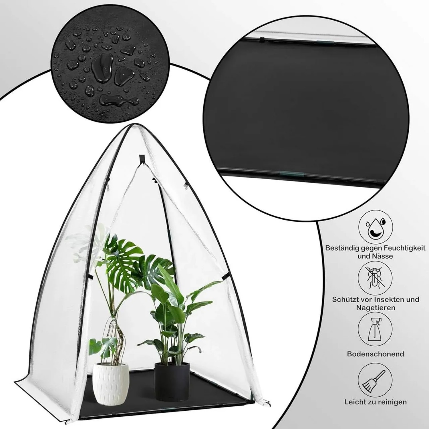 Transparentes WOLTU Foliengewächshaus mit Spitzdach, schwarzer Bodenplane und Pflanzen. 120x180 cm.