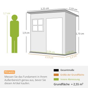 Dunkelgraues Outsunny Gartenhaus aus Stahl mit Tür und Fenster, Maße: 211x133x190 cm.
