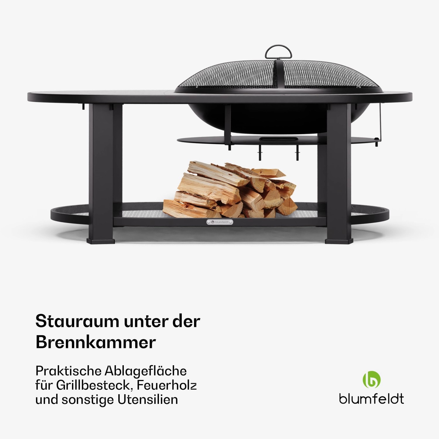 Blumfeldt Merano Circolo L Feuerschale mit Grill und Tischfunktion, rund, weiß, mit Holzscheiten.