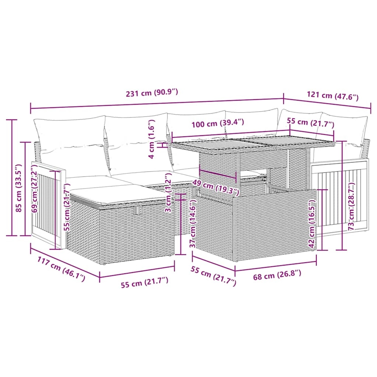 vidaXL Garten-Sofagarnitur, 8-teilig, schwarz, Poly Rattan, mit Maßen für Planung.