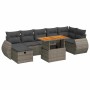 Graue 5-tlg. vidaXL Garten-Sofagarnitur aus Polyrattan mit Kissen und Akazientisch.