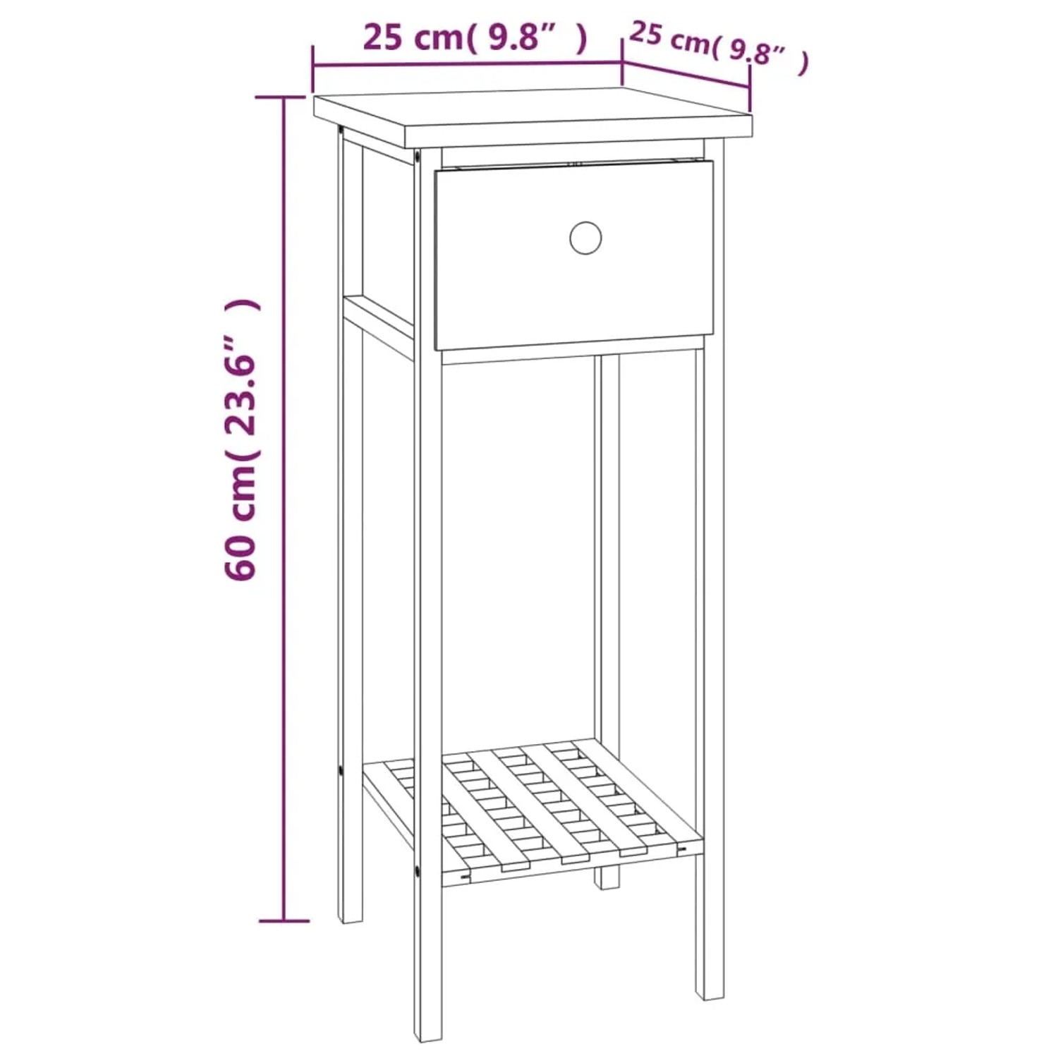 Schmaler vidaXL Beistelltisch aus Nussbaumholz mit Schublade und Ablage, 60 cm hoch.
