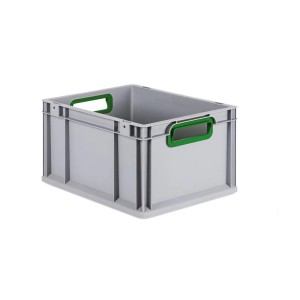 Graue PROREGAL Eurobox mit grünen Griffen und Auflagedeckel, geeignet zur Aufbewahrung.