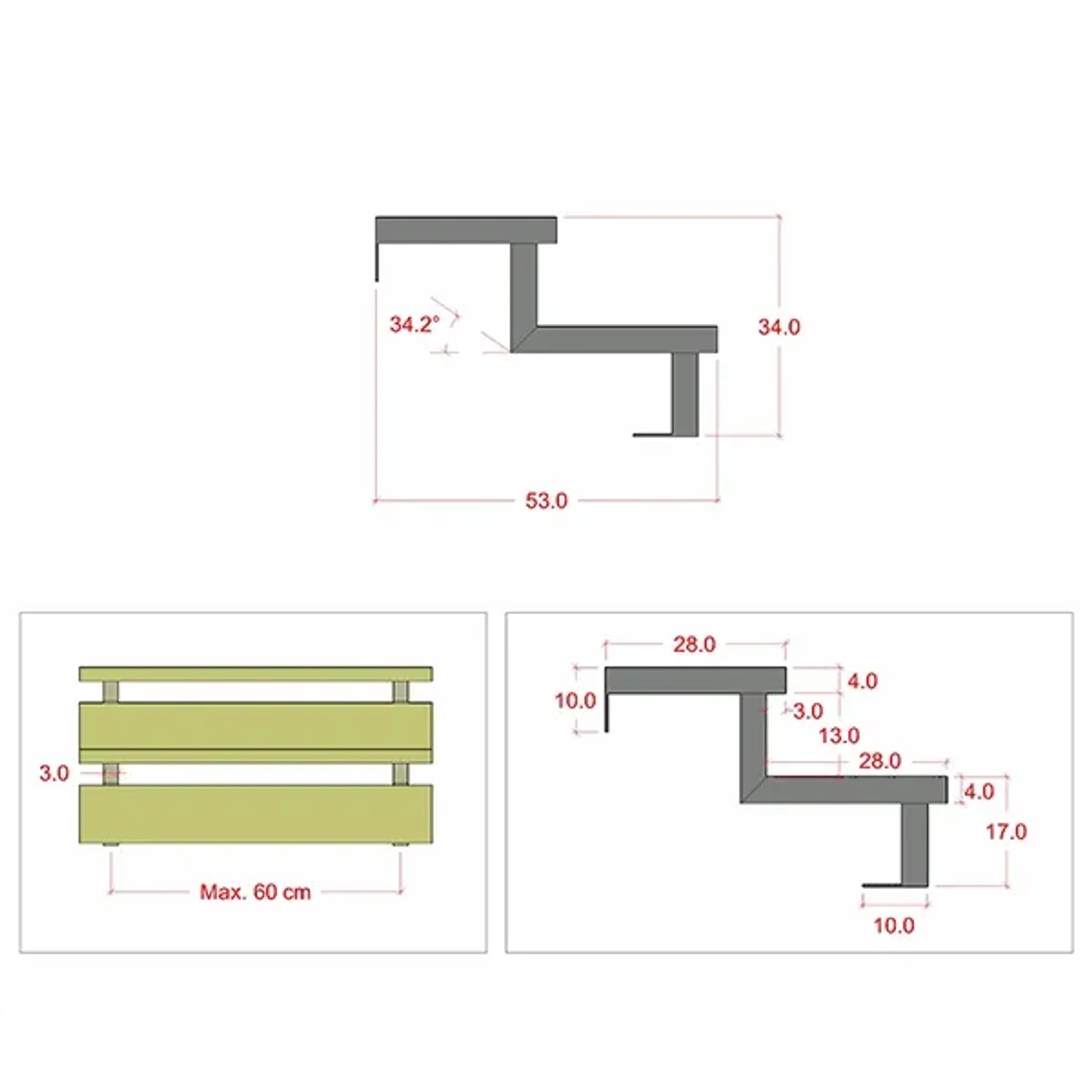 Technische Zeichnung: Plus A/S Treppenwange, 2-stufig, feuerverzinkt, mit Maßangaben.