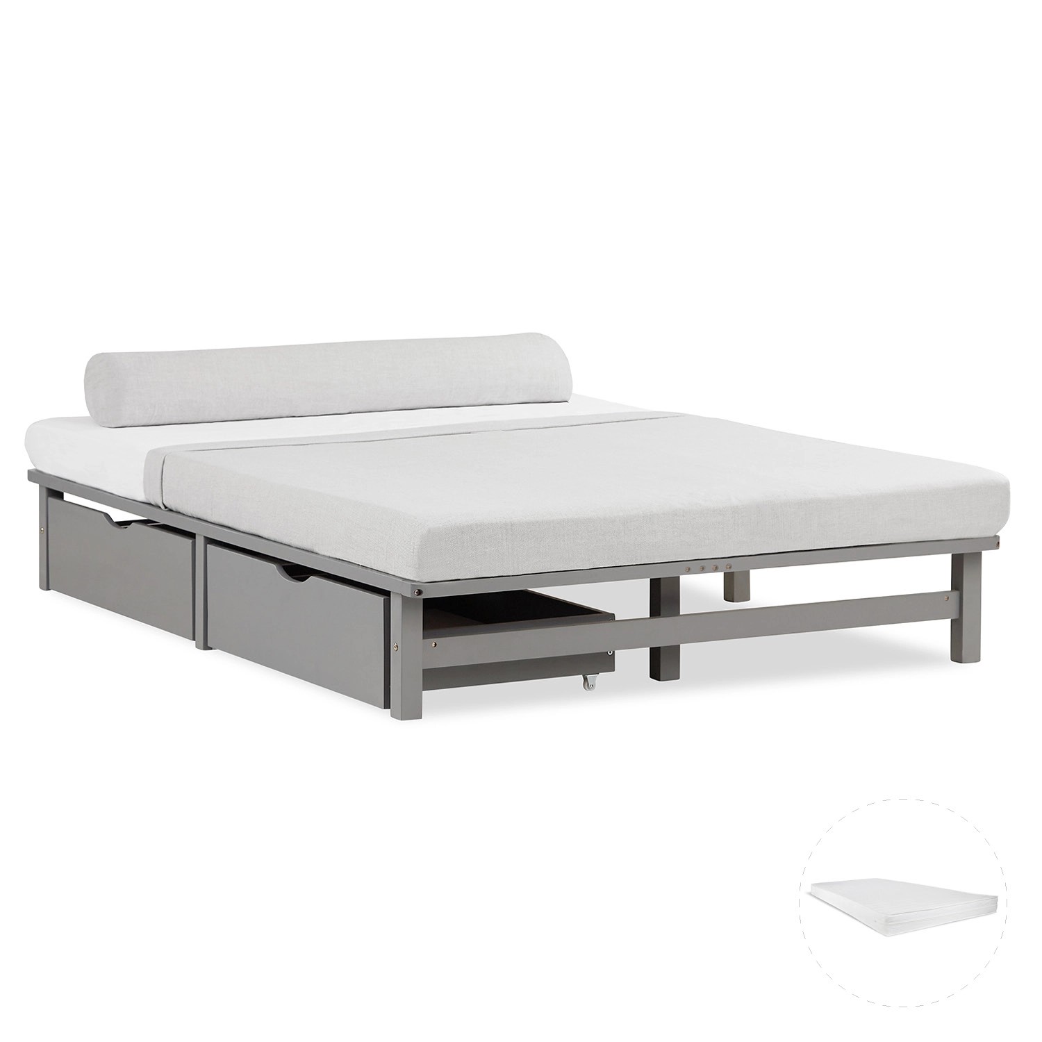 Homestyle4u Holzbett Jugendbett Palettenbett 140x200 mit Matratze 2 Bettkästen Grau 3044