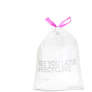 Voller, weißer Brabantia Müllbeutel 12 l mit pinkem Zugband und Aufdruck "See you later! #Recycling".