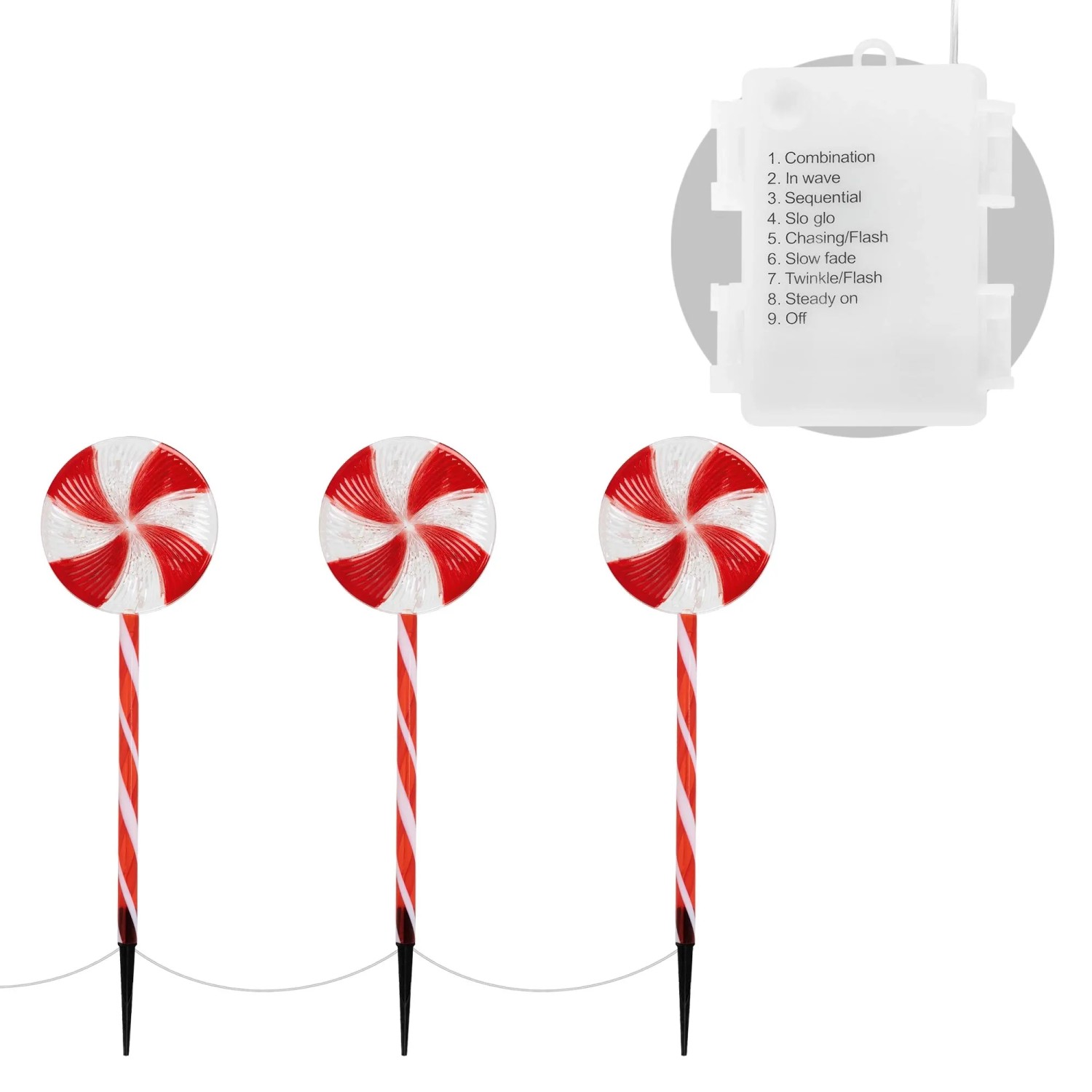 3er Set LED Lollipop-Weihnachtsweg für Aussen, 60 LEDs, 3m, 8 Modi, rot/weiss, Weihnachtsdekoration