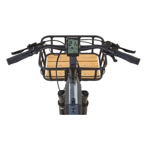 Prophete Urbanicer 4.0 E-Bike: Lenkeransicht mit Display, Korb und Holzablage.