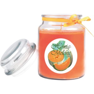 HS Candle Duftkerze Bonbon Ø10cm Honigmelone im Glas mit Schleife und Glasdeckel.