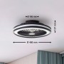 Schwarze LED-Deckenleuchte Palmero mit Ventilator, Ø 46,6 cm, an der Decke montiert.