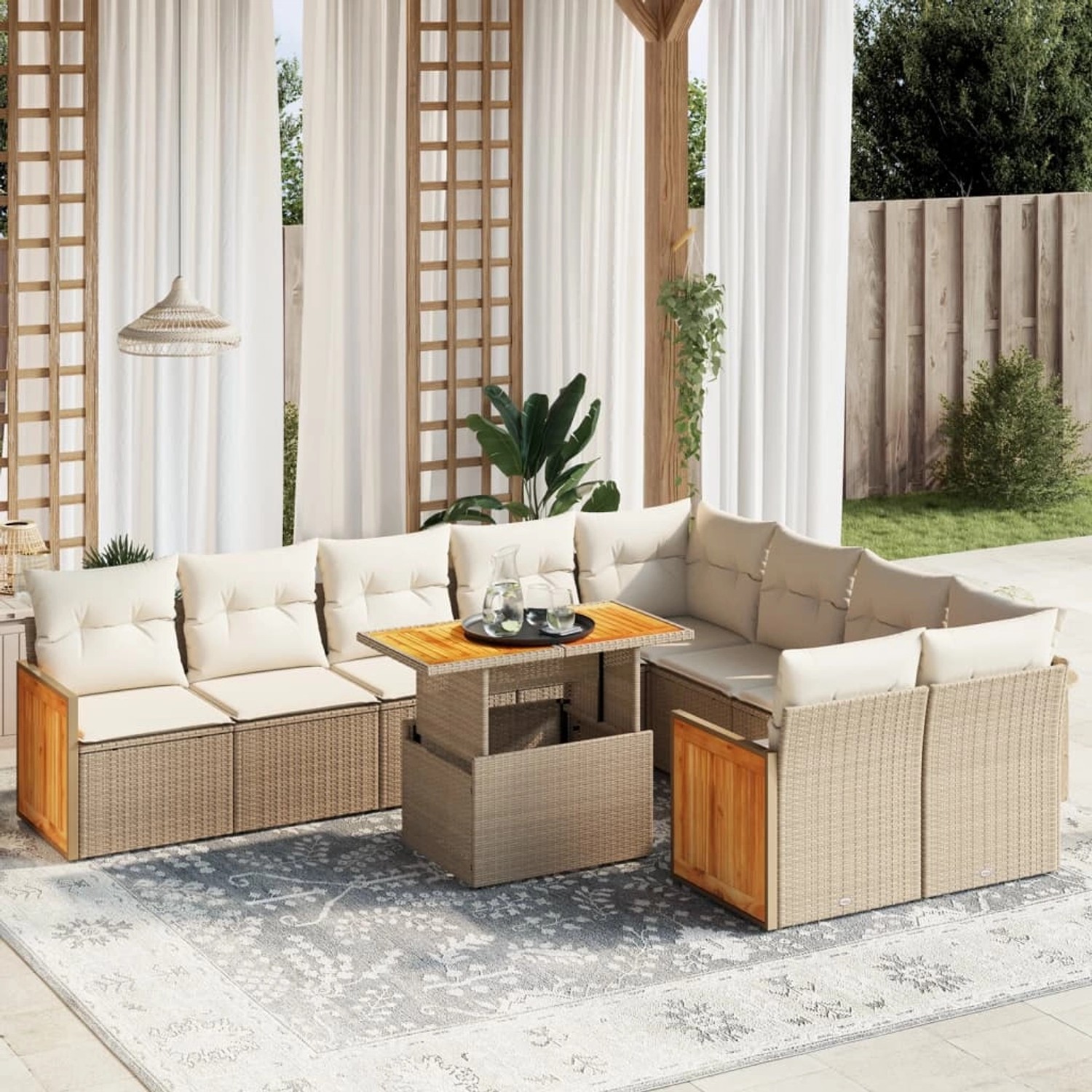 Beige 10-tlg. vidaXL Garten-Sofagarnitur aus Poly Rattan mit Tisch und Kissen.