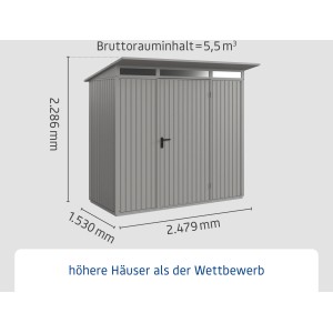 Ecostar Gerätehaus Trend, Pultdach, Graualuminium, mit Maßen. Ideal zur Gartenaufbewahrung.