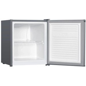 Offener, silberner homeX Mini Gefrierschrank mit zwei Abstellflächen. Kompakte Gefriertruhe für kleine Räume.