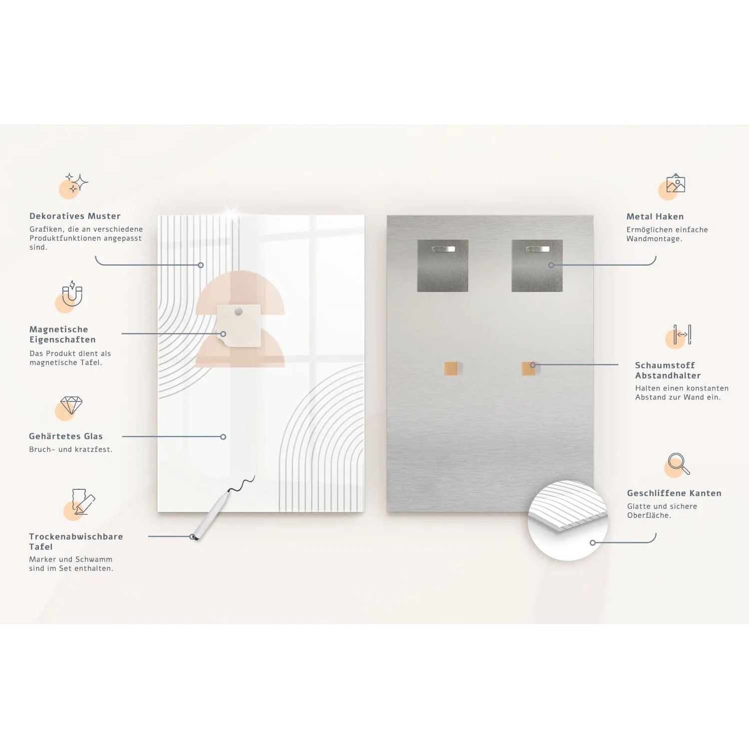Tulup Beschreibbare Glasmagnettafel Pastellfarbene Federn 60x90 cm Magnettafel Büro Glas Schwarzer Marker Glassboard Magnetisch_2