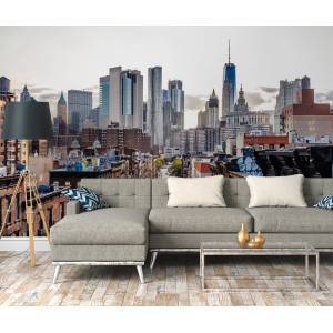 Fototapete New York in Braun, Grau, Weiß und Blau, Skyline einer Großstadt.