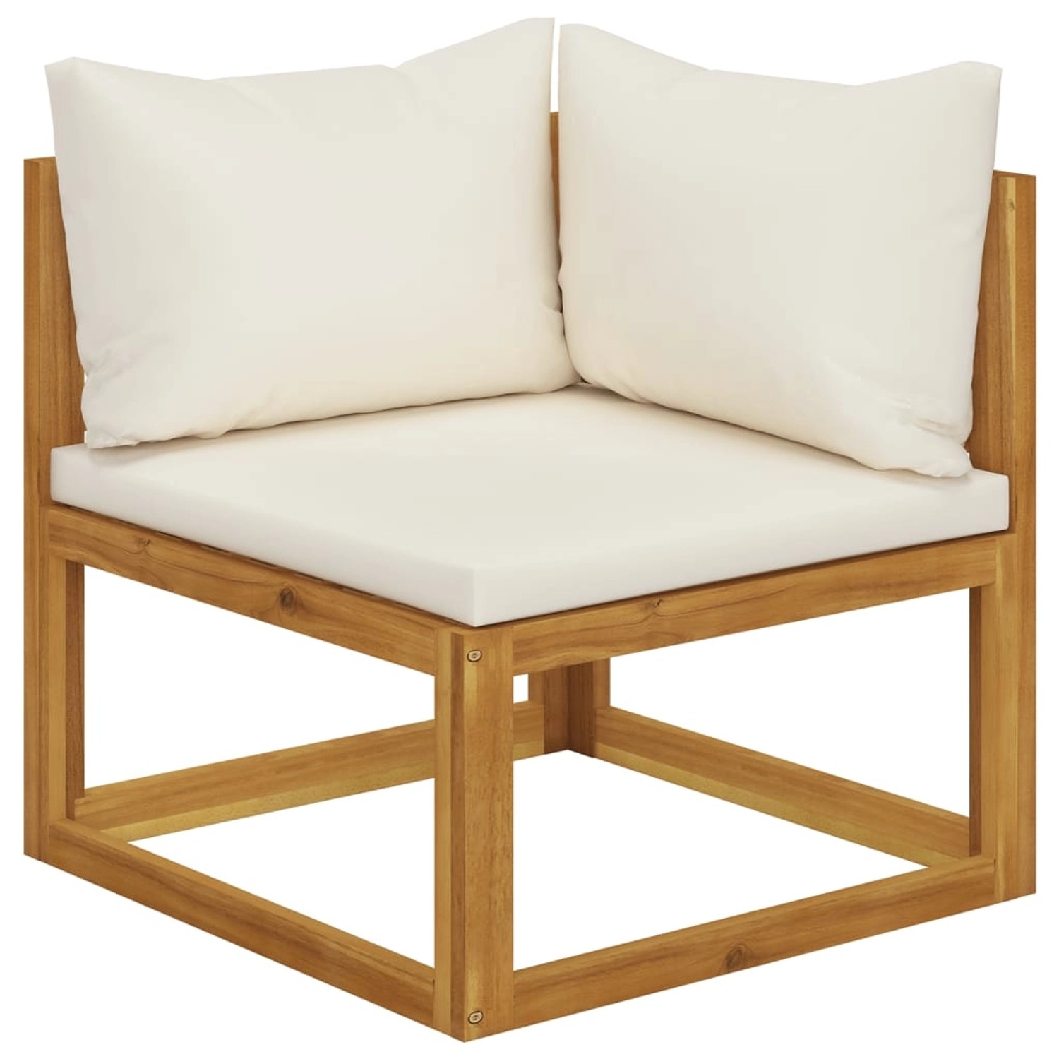 Eckteil des vidaXL Garten-Lounge-Sets aus Akazienholz mit creme-weißen Kissen.
