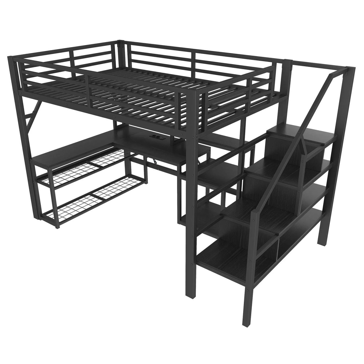 okwish Metall Hochbett 140x200cm mit Schreibtisch USB und LED Schwarz ohne Matratze