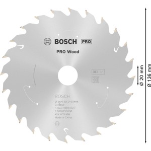 Bosch Kreissägeblatt Standard für Wood, 136 mm Durchmesser, 20 mm Bohrung, 24 Carbide-Zähne.
