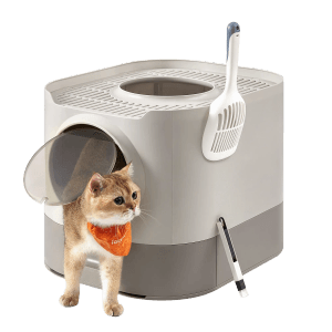 Feandrea Katzentoilette Boxal XL grau mit Katze, Schaufel und Bürste.