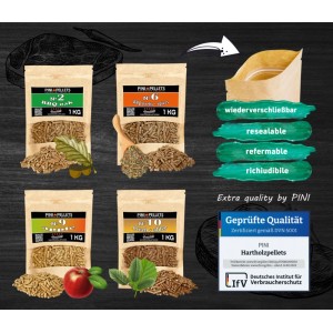 PINI Naturholzpellets Set 4x1 kg für BBQ & Grill aus 4 Sorten, Eiche Nr 2, BBQ Gewürze Nr 6, Apfel Nr 9, Buche & Erle Mix Nr 10, Natürliches Aroma