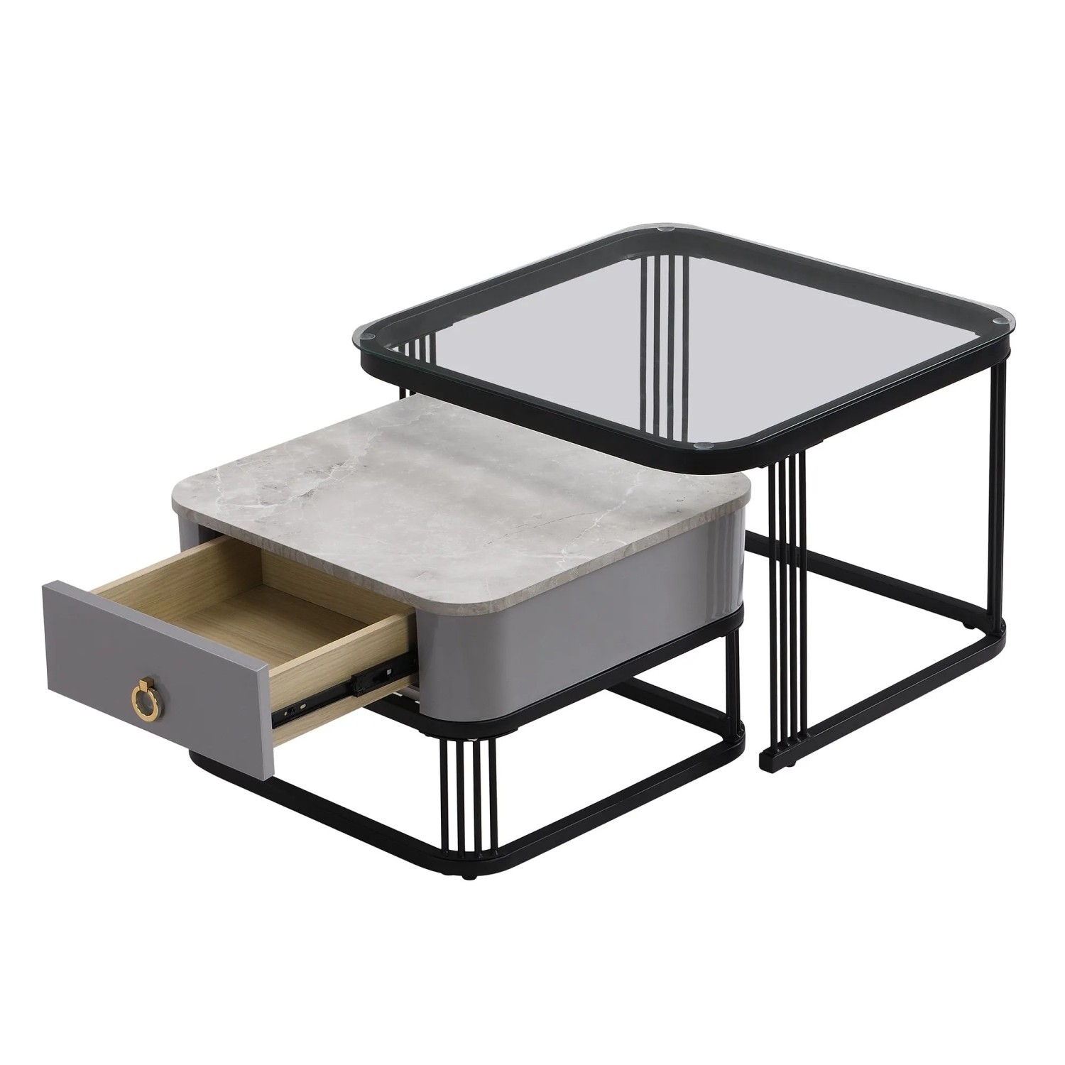 okwish Stapelbarer Couchtisch Beistelltisch mit Schubladen/Glasplatte Schwarz