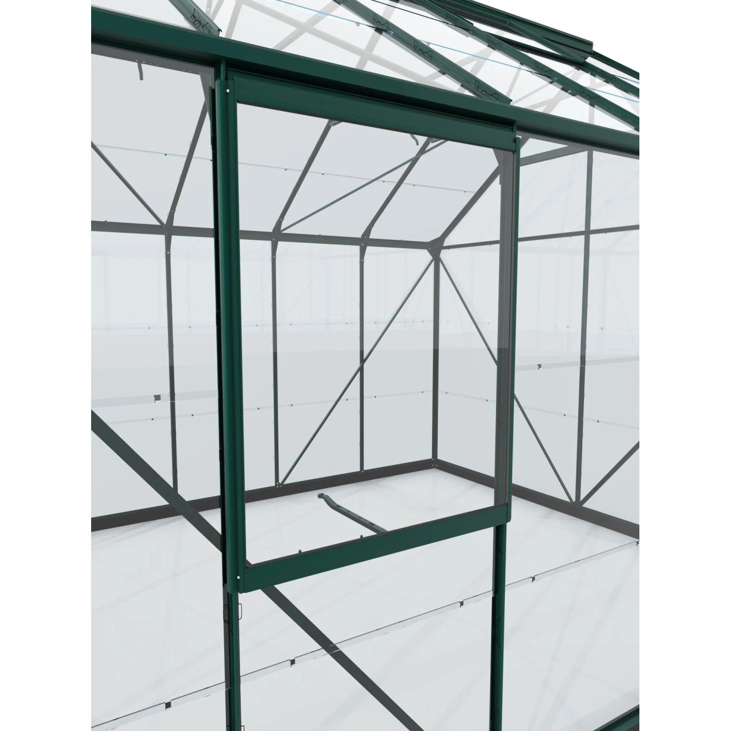 Vitavia Seitenfenster V für Gewächshäuser, ESG 3 mm Smaragd, 59,5x79,2 cm, geöffnet.