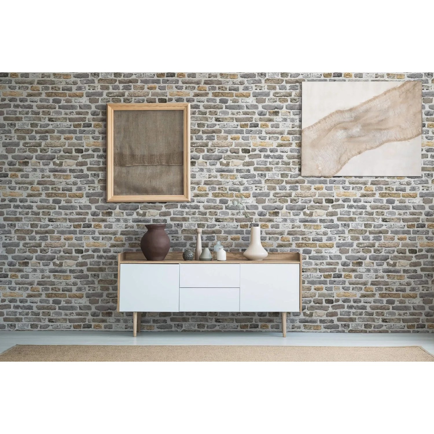 PROFHOME 3D Tapete Ziegelstein in Grau, Braun, Beige und Weiß. Dekorative Vliestapete in Steinoptik.