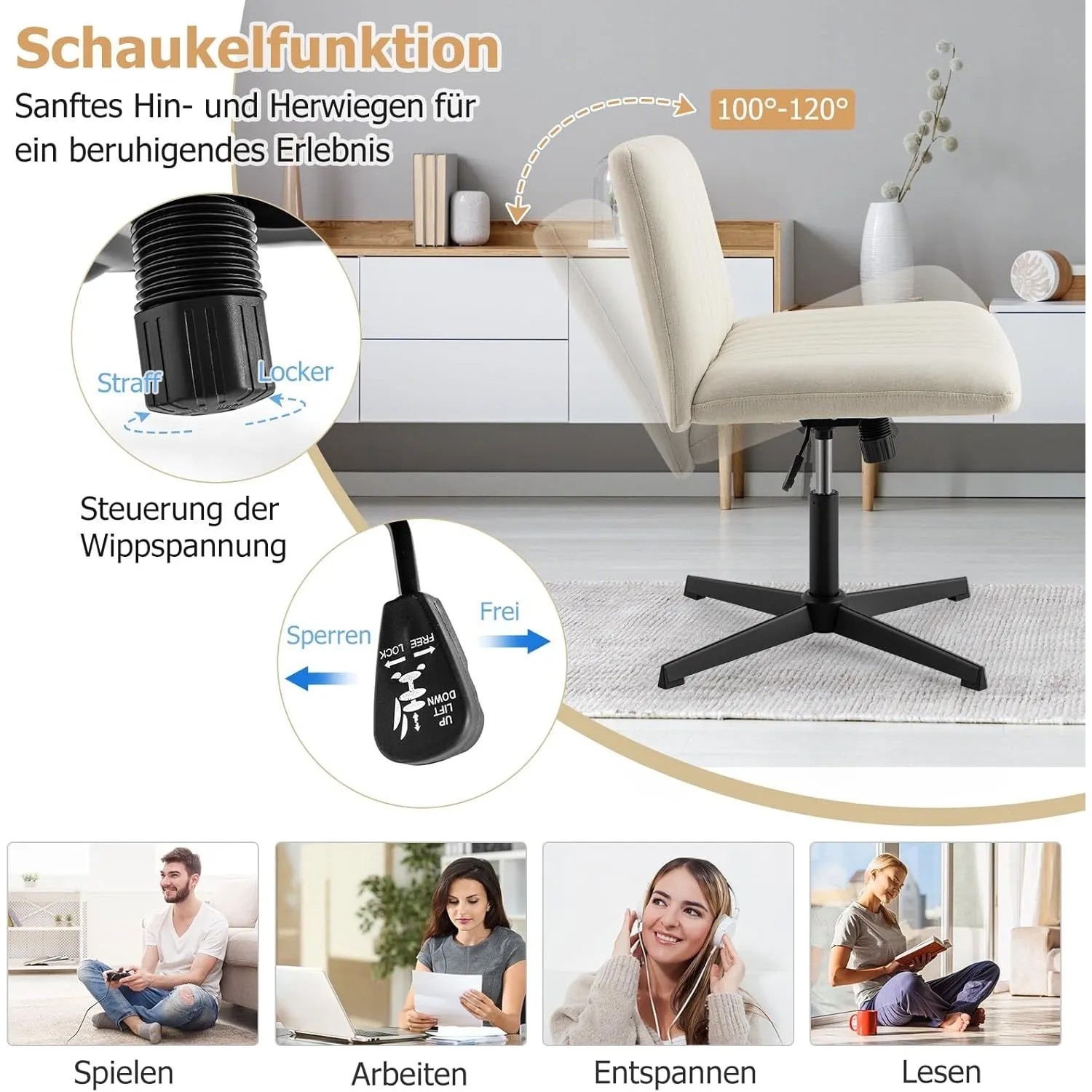 Costway Drehstuhl Ohne Armlehnen Höhenverstellbar Wippfunktion Beige_5