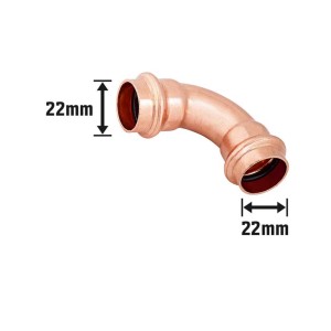 Kupfer Pressbogen, 90 Grad, Durchmesser 22 mm für Kupferrohrleitungen.