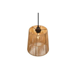 Pendelleuchte Holm: brauner Schirm aus Papier in Rattan Optik, schwarze Aufhängung, E27 Fassung.