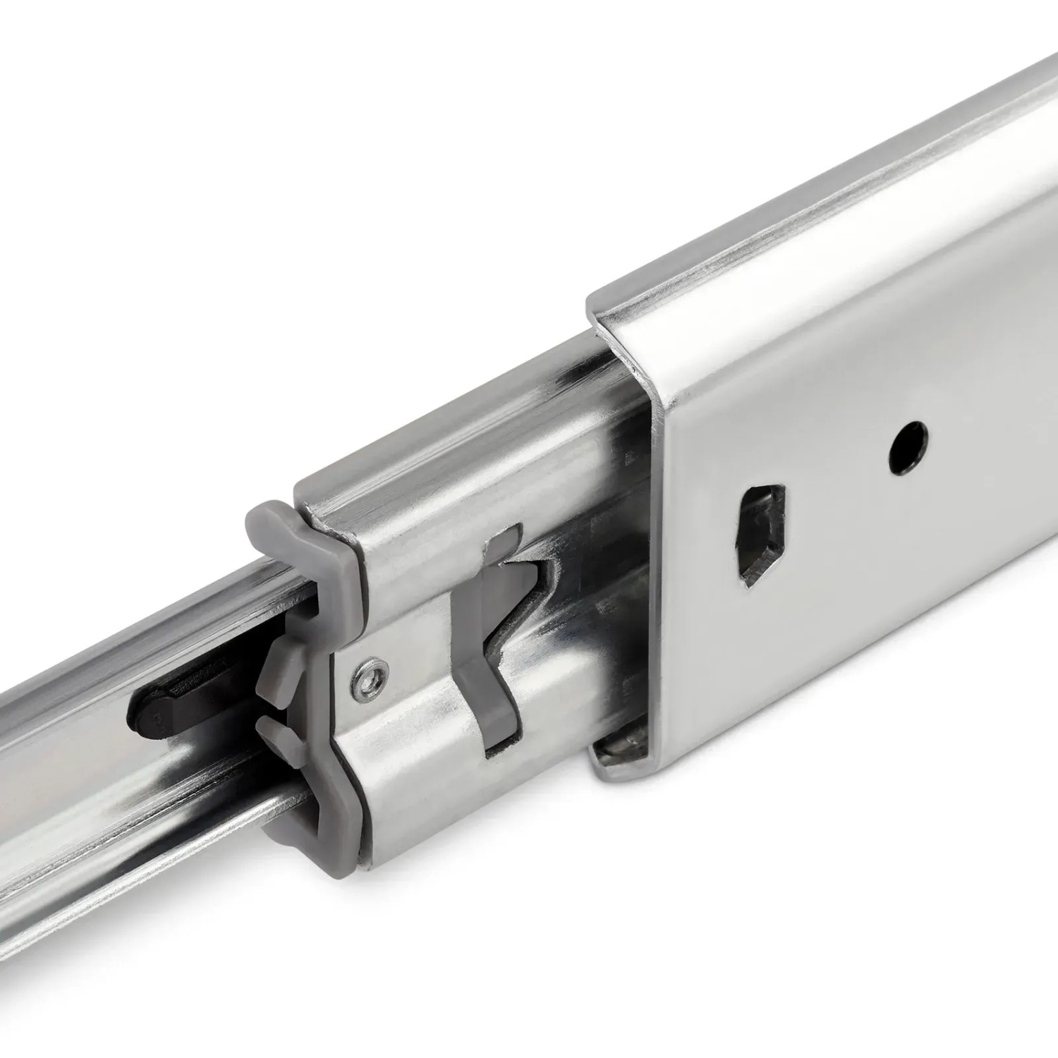SOTECH Vollauszug 80 Kg, 250 mm, Soft Close. Nahaufnahme der verzinkten Schubladenschiene mit Kugelkäfig.