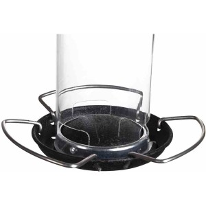 Siena Garden Vogelfutterspender aus Stahl, schwarz, mit durchsichtigem Zylinder und Aufhängevorrichtung.