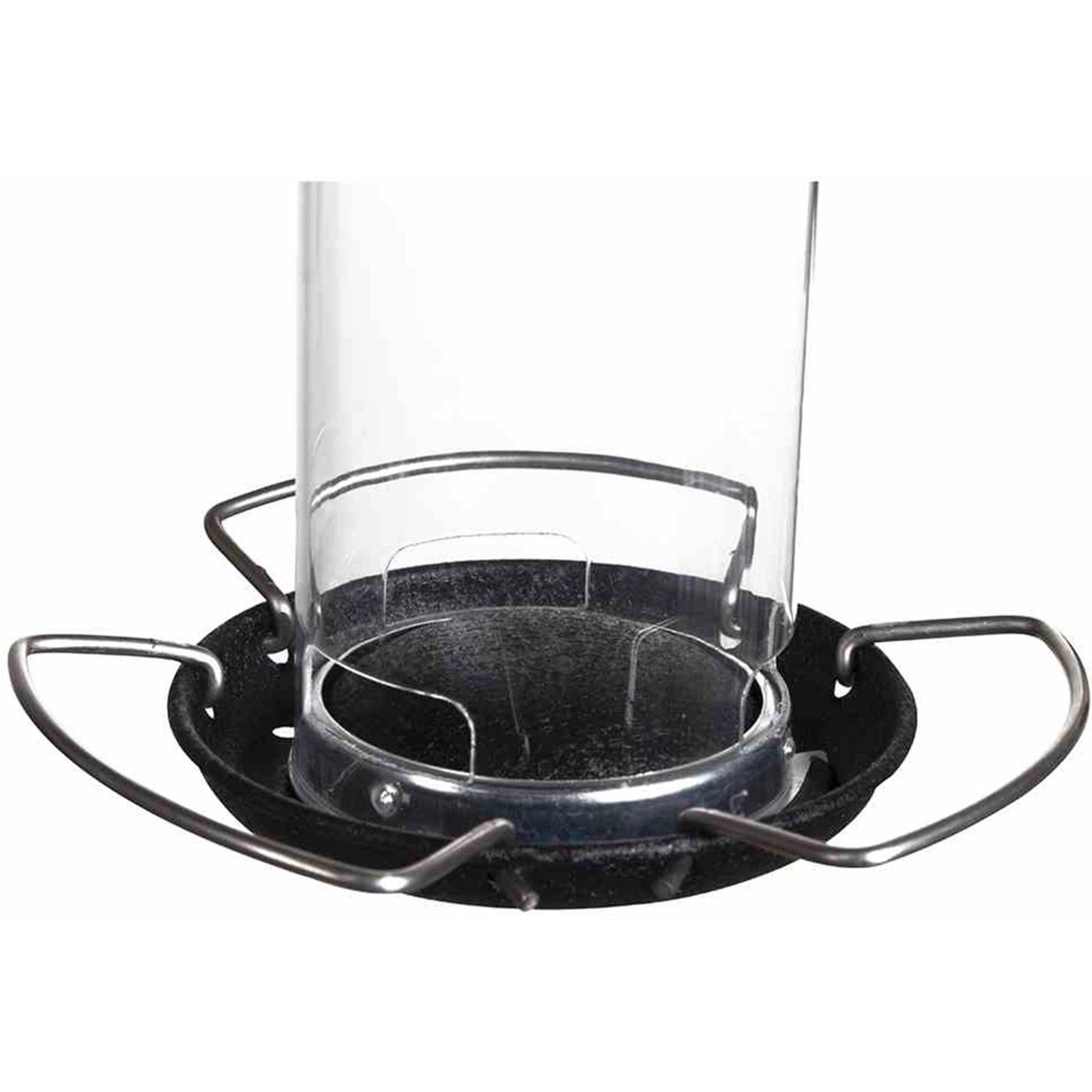 Siena Garden Vogelfutterspender aus Stahl, schwarz, mit durchsichtigem Zylinder und Aufhängevorrichtung.