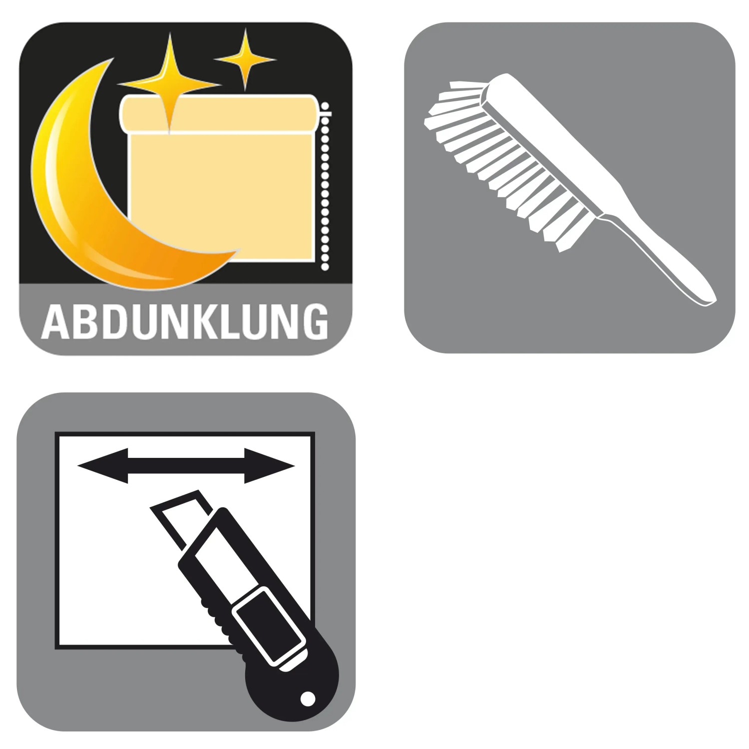 Symbole für Gardinia EasyFix Rollo: Abdunklung, Reinigung, Kürzbar
