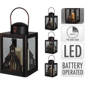 Schwarze Deko-Laterne mit LED-Kerze, 16cm hoch, mit Kirche Silhouette und Timer.