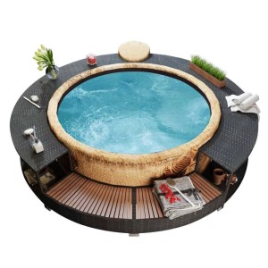 Schwarze vidaXL Whirlpool-Umrandung aus Poly-Rattan mit Stauraum.