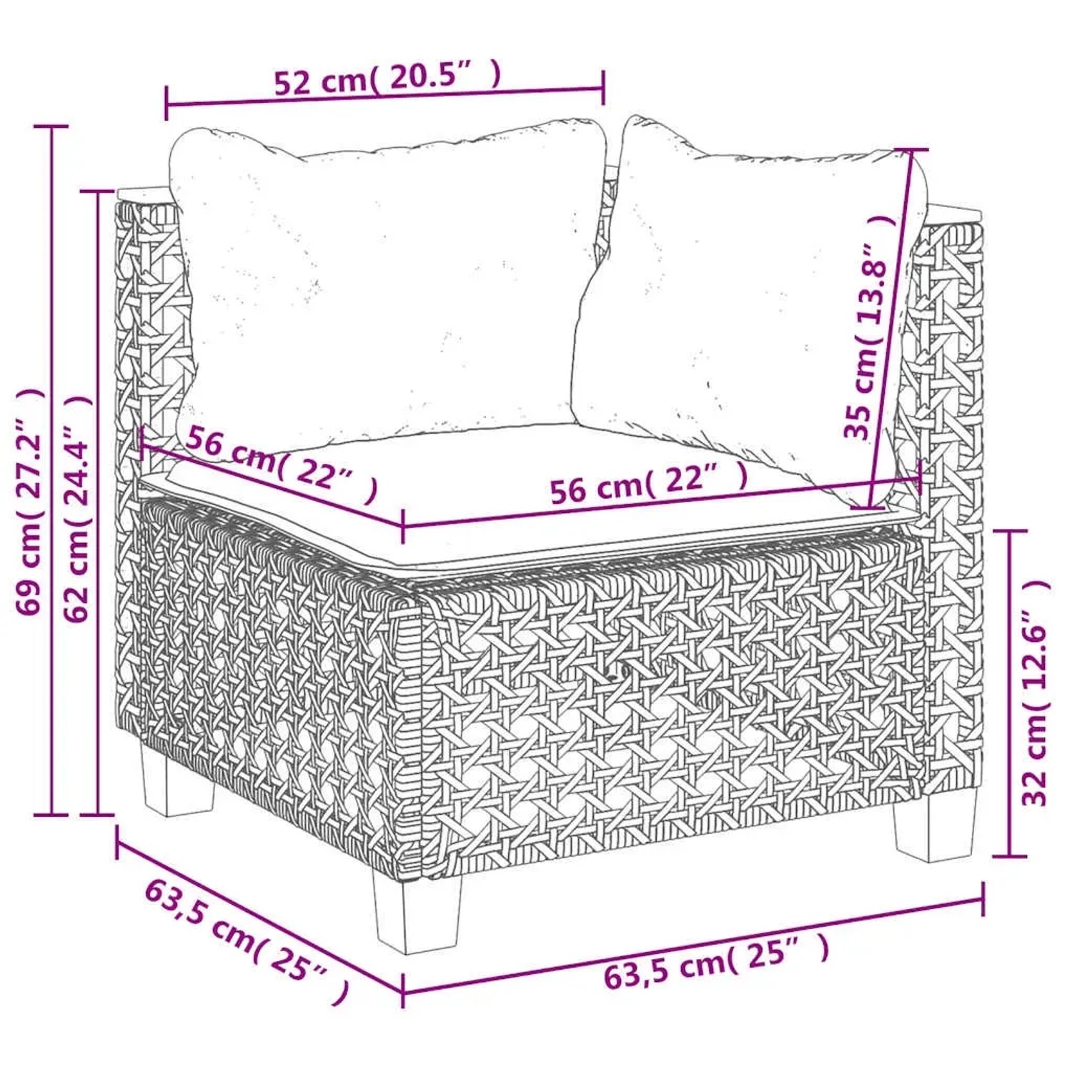 Beige Garten-Sofagarnitur (7-tlg) vidaXL aus Polyrattan mit Kissen, Detailansicht der Maße.