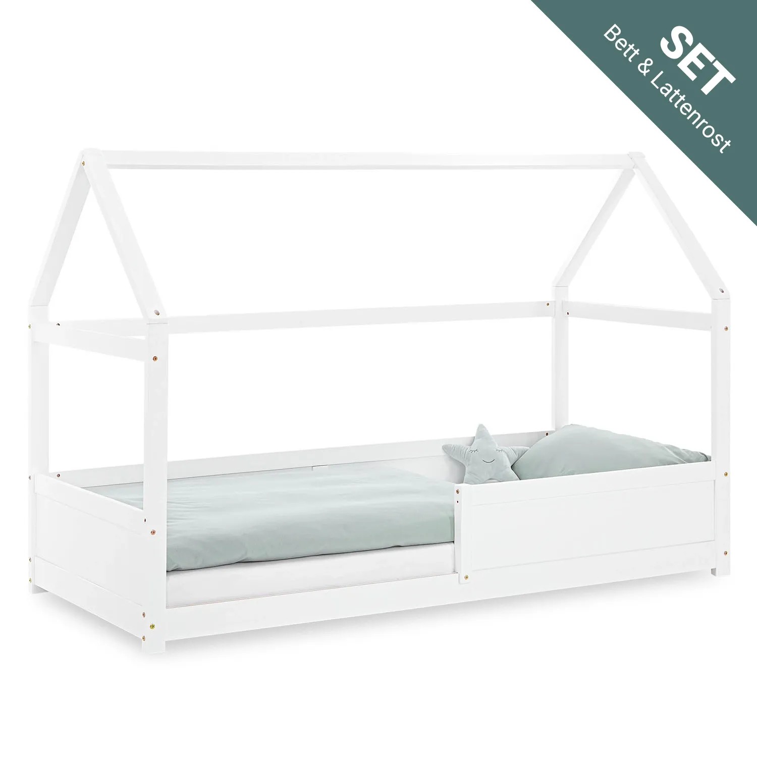 Weißes Homestyle4u Kinderbett Hausbett 90x200 mit Rausfallschutz und Lattenrost.