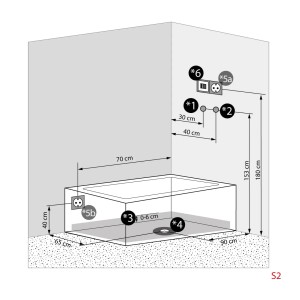 Skizze der AcquaVapore Whirlpool Dusche 180x90 mit Maßangaben zu Anschlüssen.