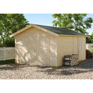 Skan Holz Holzgarage Varberg, naturbelassene Blockbohlen mit Doppeltor und Einzeltür.