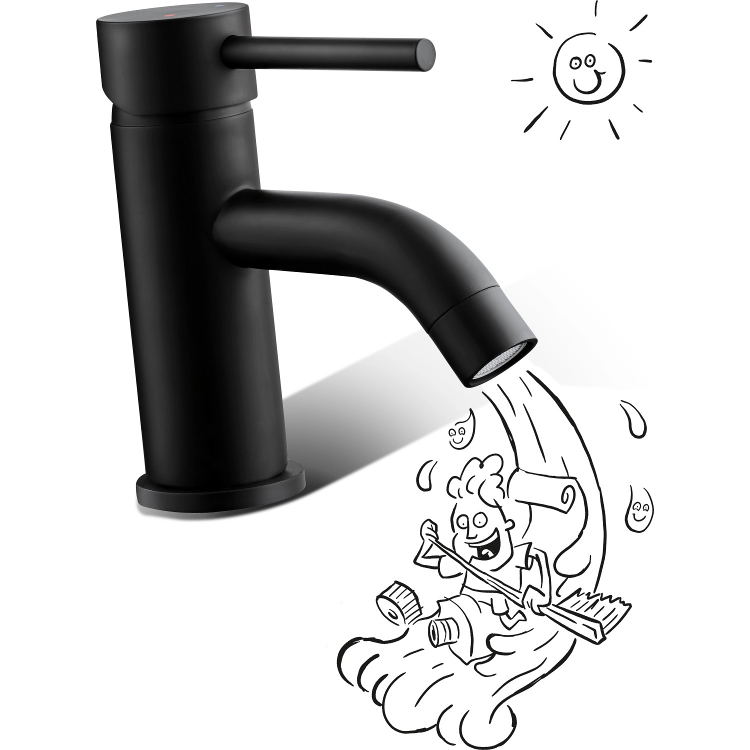 baliv Waschtischarmatur WT-210, Schwarz-matt mit Cartoon-Wasser.