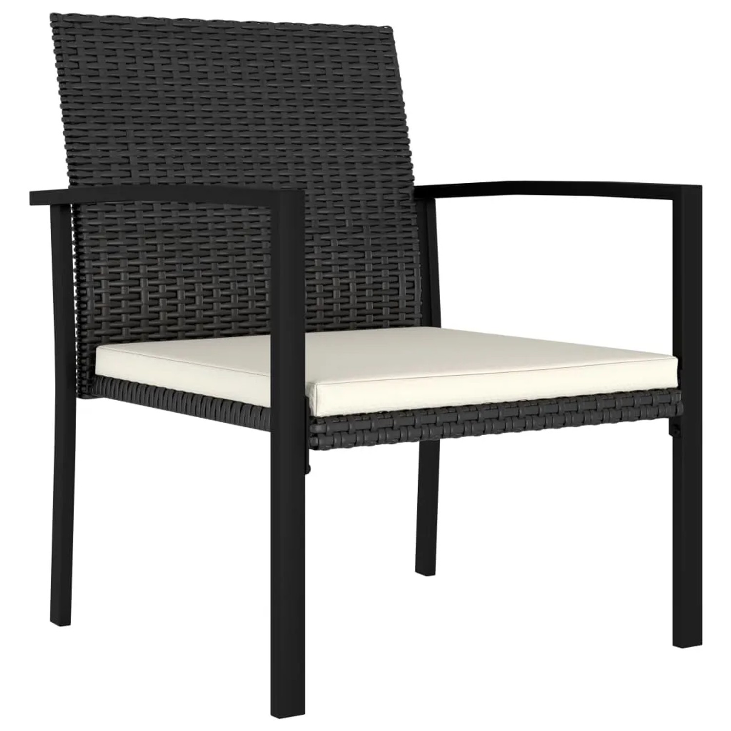 Schwarzer Gartenstuhl aus Rattan mit cremefarbenem Kissen, Teil der vidaXL 9-tlg Essgruppe.