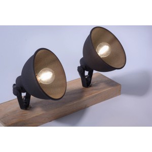 Schwarze 2-flammige Wand- und Deckenleuchte Samia im Vintage-Look mit Holzsockel.