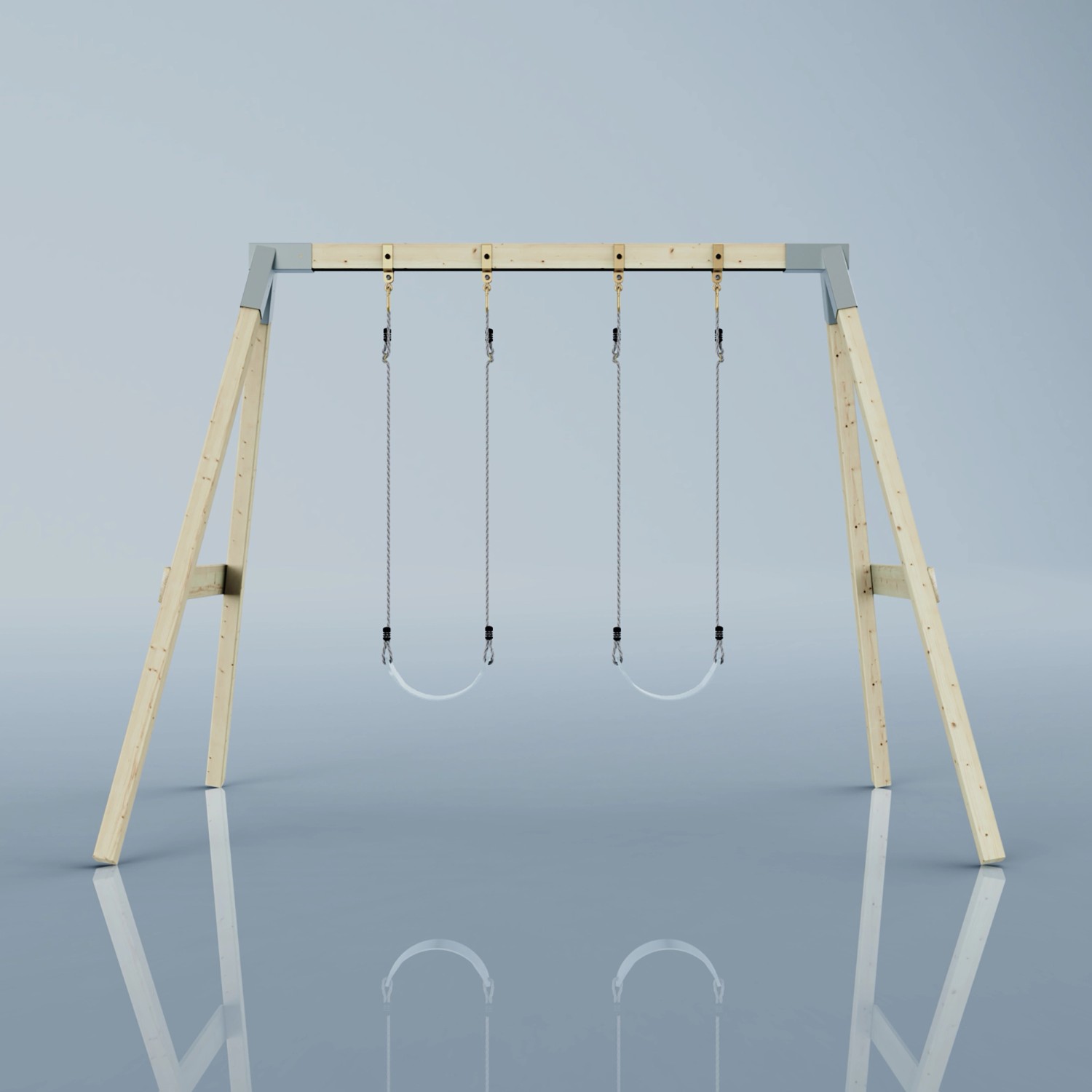 PolarPlay Schaukel Nachtfalter: Doppelschaukel aus Holz mit Metallhalterung und zwei Schaukelsitzen.