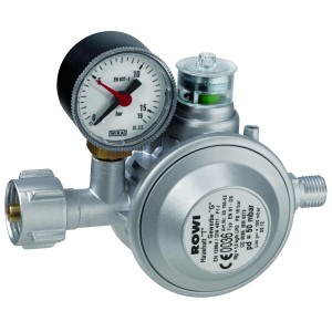 Rowi Druckminderer für Gas-Heizöfen mit Manometer zur Dichtheitsprüfung und Sicherheitsventil.