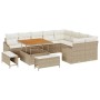 Beiges 12-teiliges Garten-Sofa-Set aus Poly Rattan mit Tisch und Kissen.