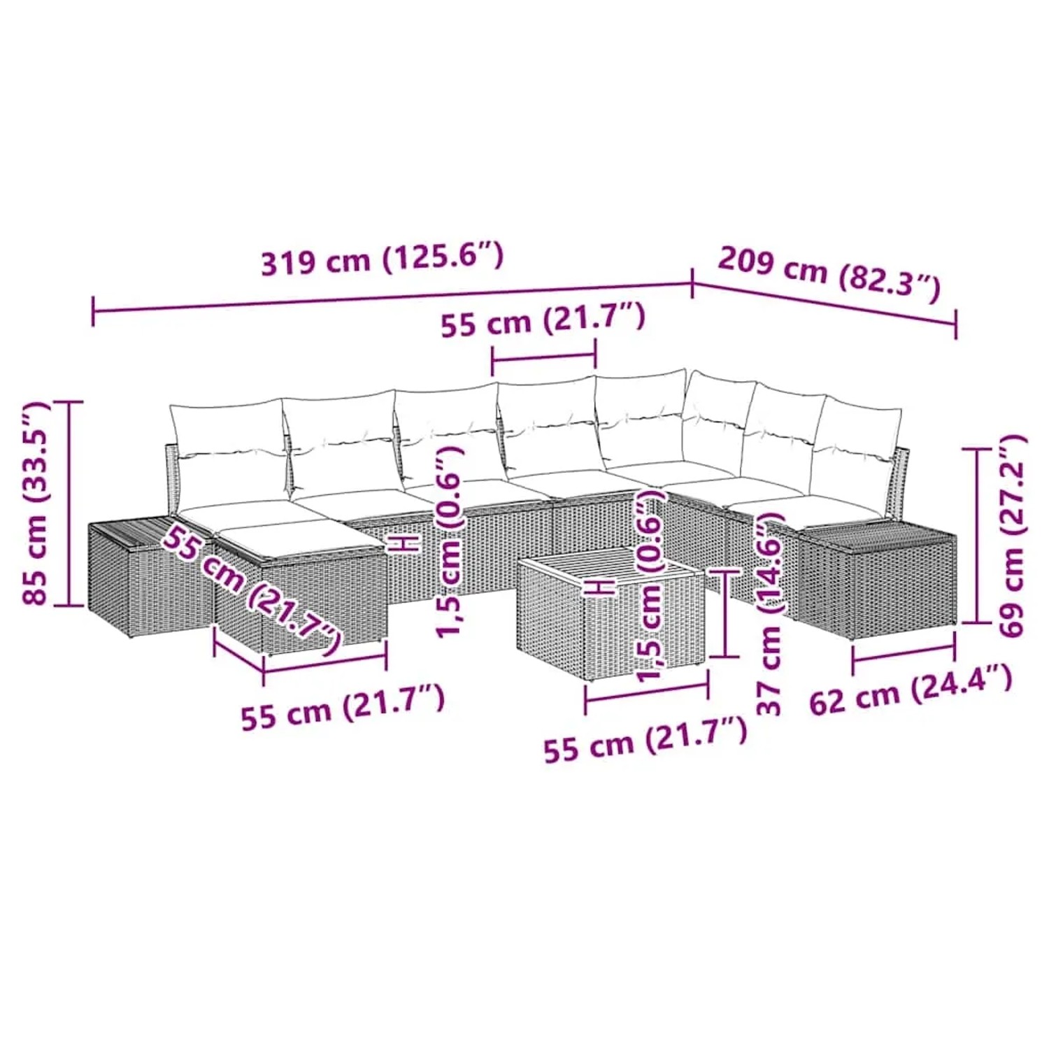 Schwarzes 9-teiliges Garten-Sofa-Set aus Polyrattan mit Tisch und Stauraum.
