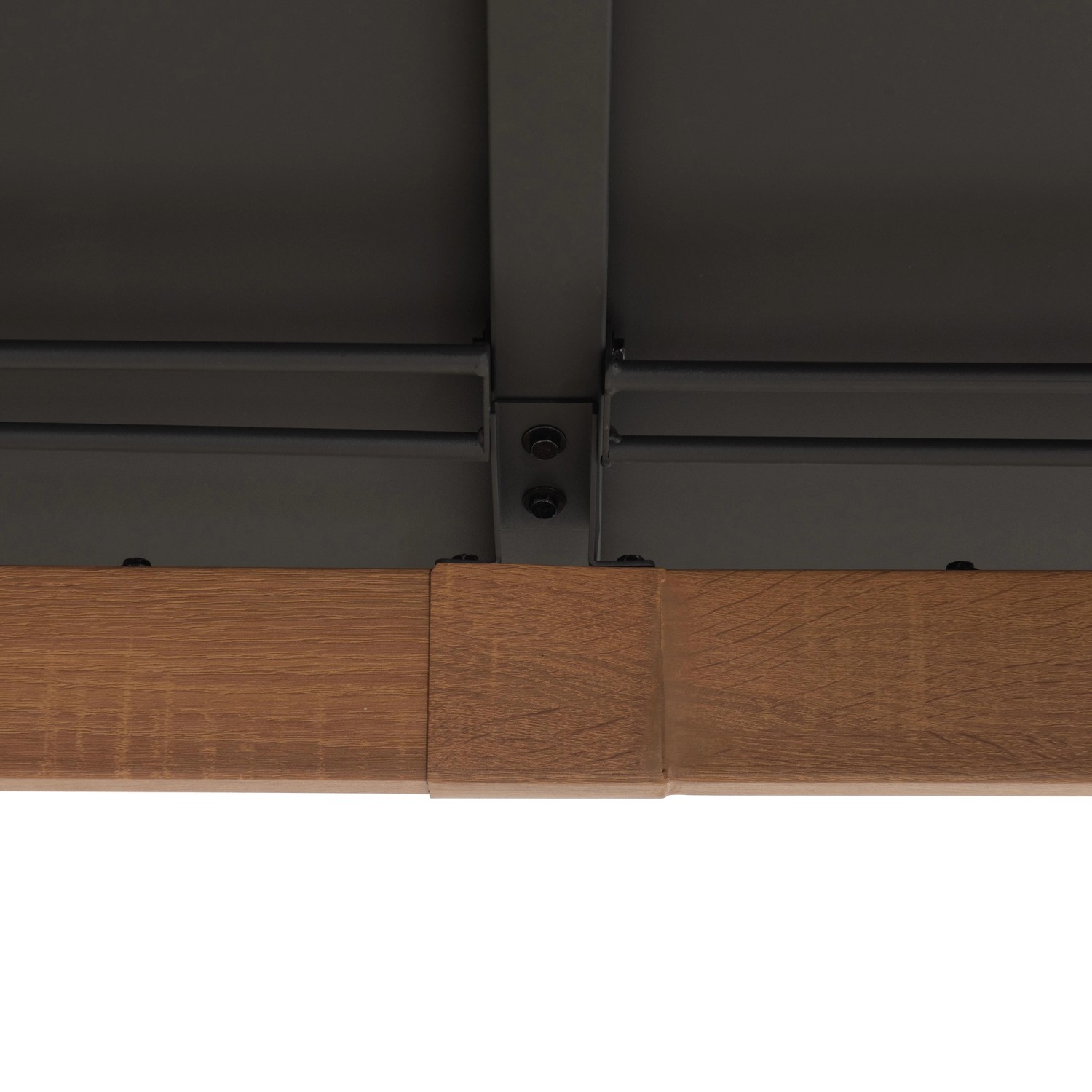 Detailansicht des Sunjoy Gazebo Pasu Stahl Pavillons (300x300 cm) in Anthrazit, Fokus auf Stahlrahmen und Holzmaserung.