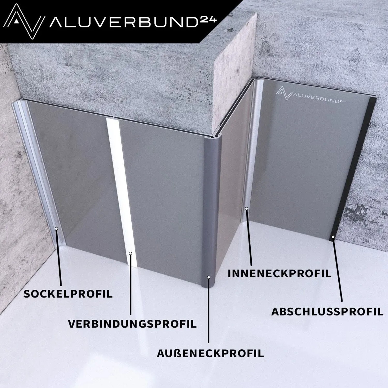 Schwarzes Aluverbund24 Sockelprofil (100cm) für Wandpaneele und Dekorplatten.