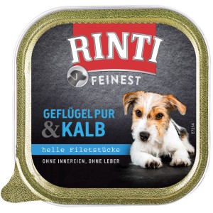 Rinti Feinest Hunde-Nassfutter Geflügel & Kalb, 150g Schale. Alleinfutter mit hellen Filetstücken.